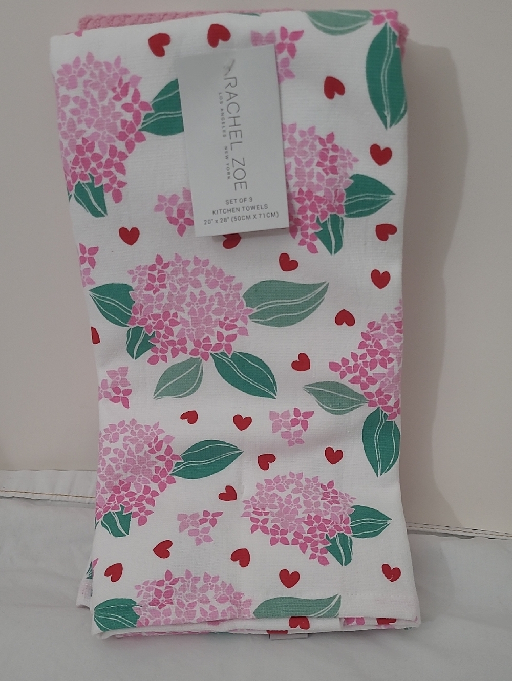 Rachel Zoe Pink Hydrangea and Red Heart Kitchen Towels 3 Pcs